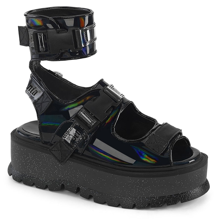 Demonia Australia Black Holo Patent Slacker-15B