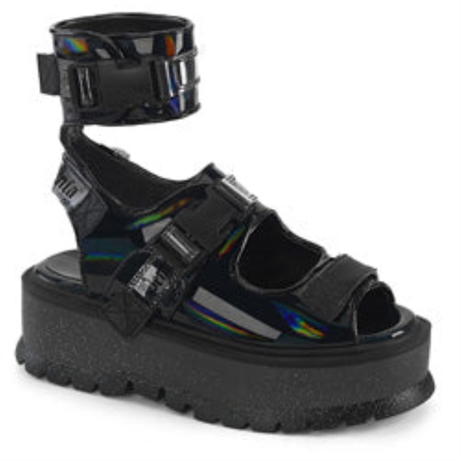 Demonia Australia Black Holo Patent Slacker-15B