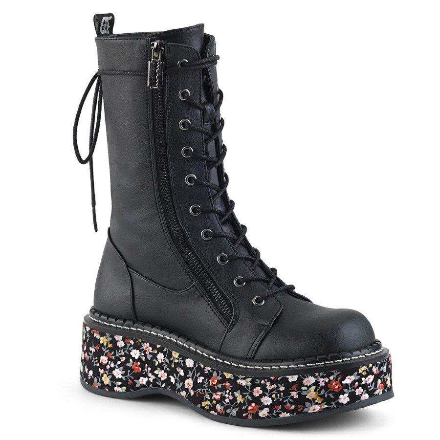 Emily-350 Black Vegan Leather-Floral Fabric Demonia Australia