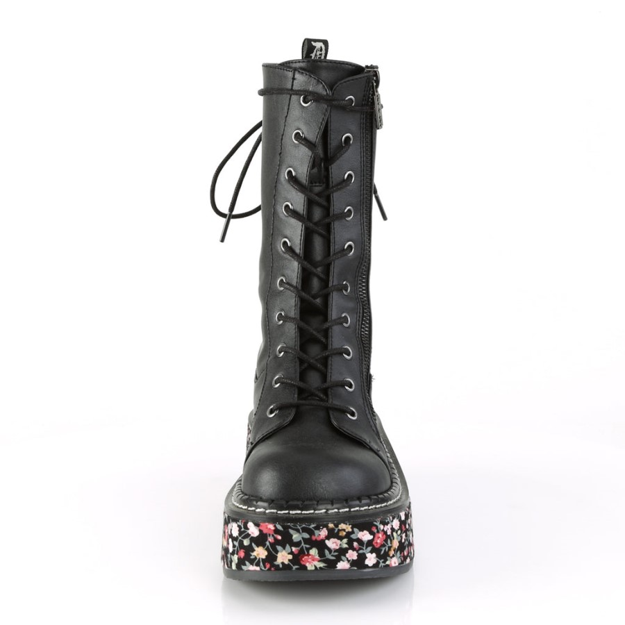 Emily-350 Black Vegan Leather-Floral Fabric Demonia Australia