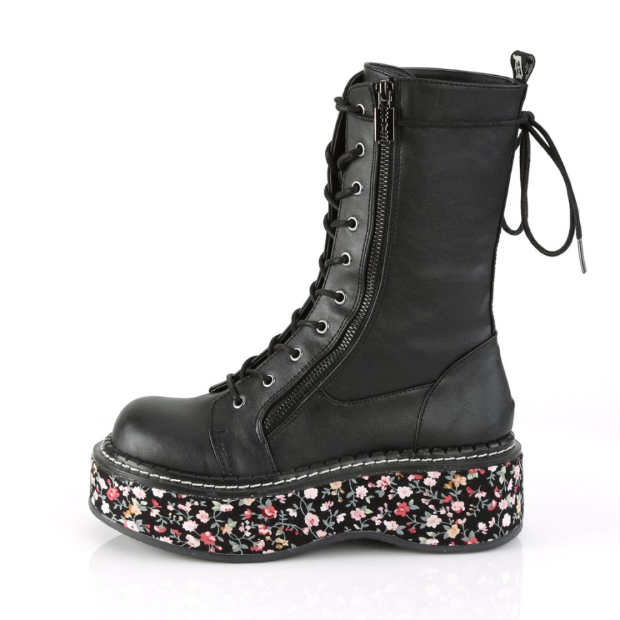 Emily-350 Black Vegan Leather-Floral Fabric Demonia Australia