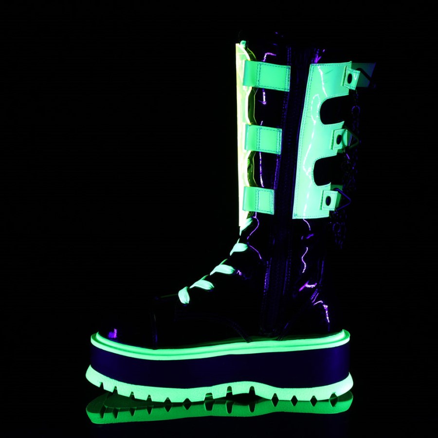 Slacker-156 Demonia Australia Black Patent-U V Neon Green