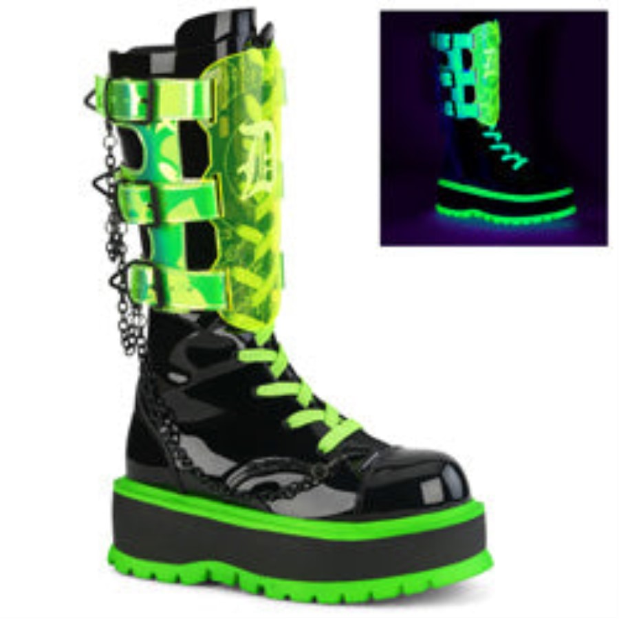 Slacker-156 Demonia Australia Black Patent-U V Neon Green