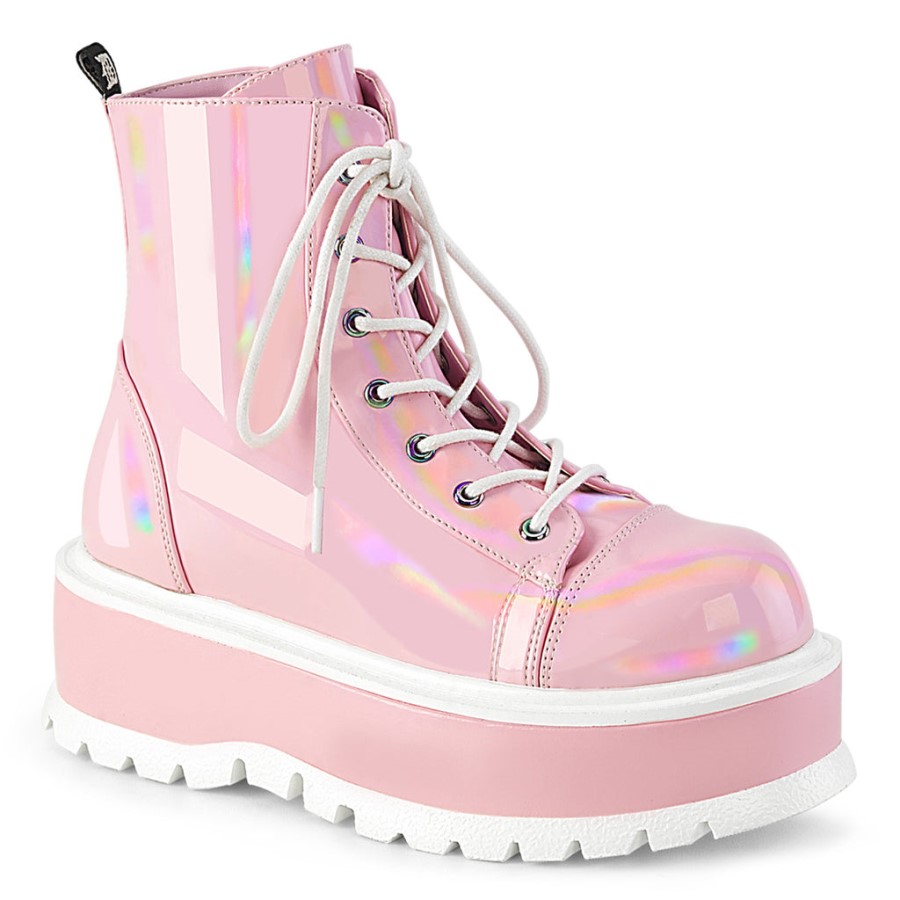Slacker-55 Baby Pink Holo Patent Demonia Australia