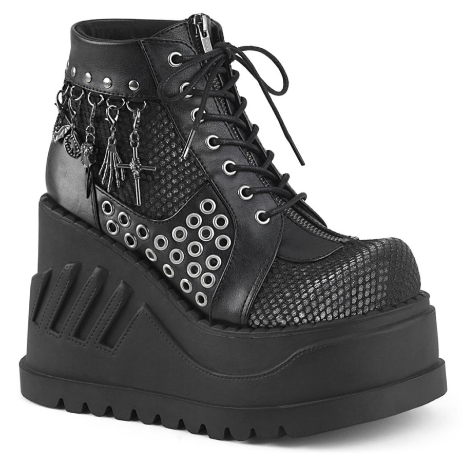 Stomp-18 Demonia Australia Black Vegan Leather-Gray Velvet