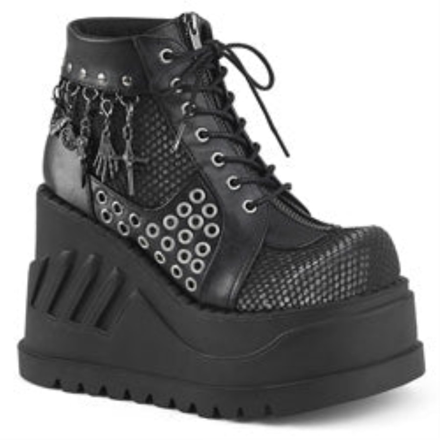 Stomp-18 Demonia Australia Black Vegan Leather-Gray Velvet