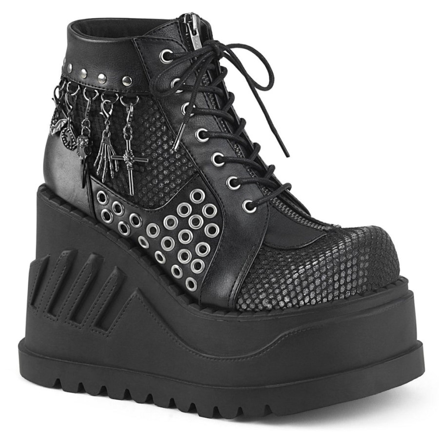 Stomp-18 Demonia Australia Black Vegan Leather-Gray Velvet